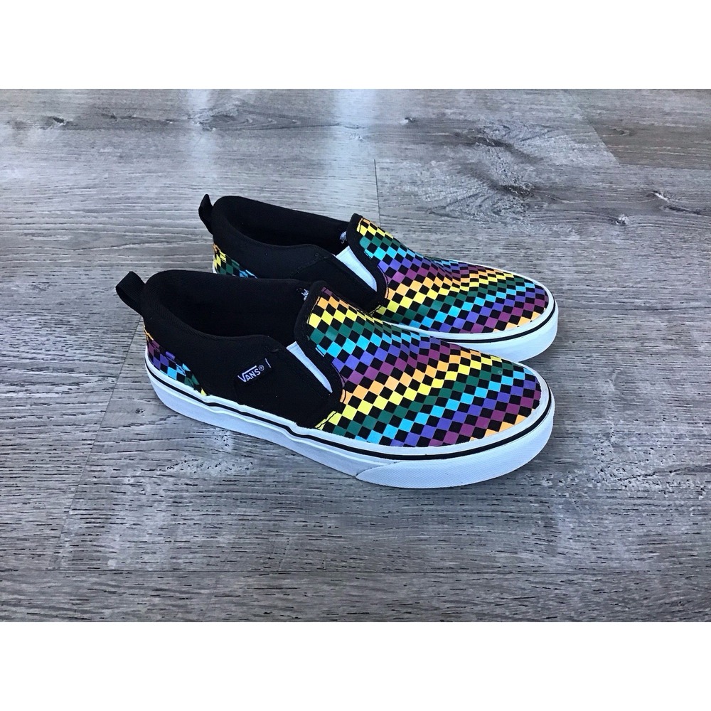 Vans Missy Size 3 Rainbow Checkerboard Youth Girls Slip On Sneakers Off The Wall